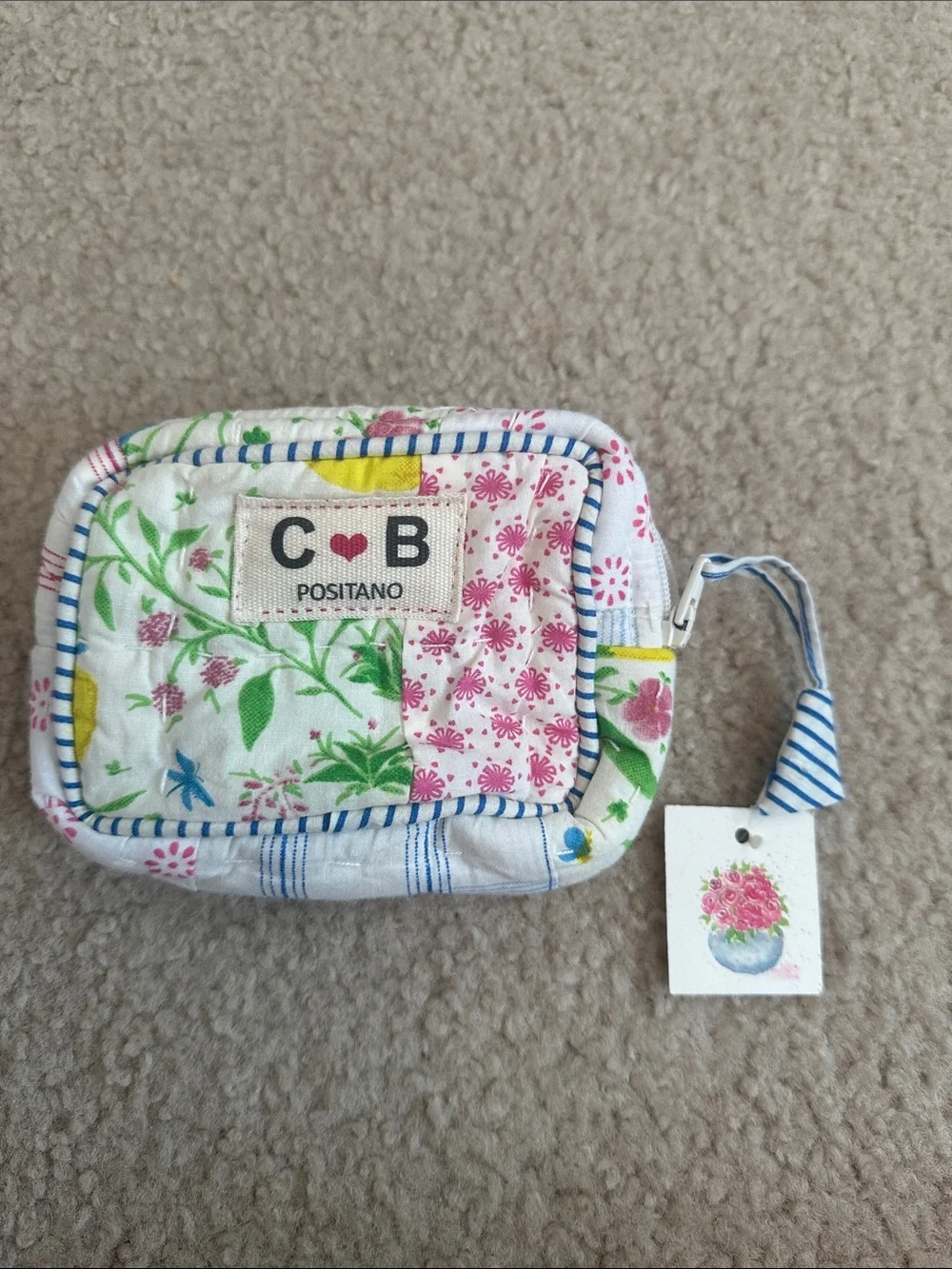 C·B Positano Floral Quilted Pouch - White with Pink & Green